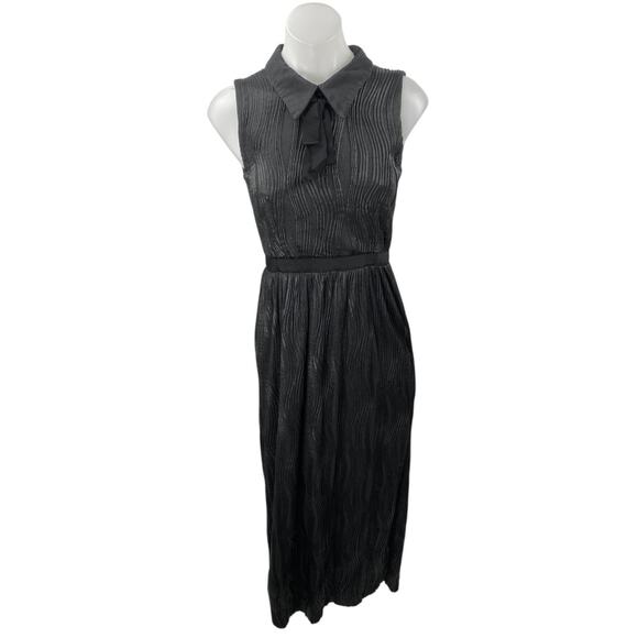 Hunter Bell Black Sleeveless Plisse Pleated Collared Bow Maxi Sheath Dress Sz 0 - Picture 1 of 5